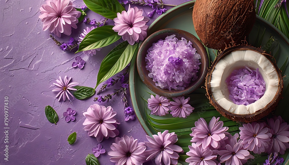 coconut cut into large pieces on trendy design. coconut cut into large pieces on trendy design.