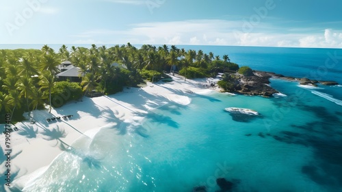 Aerial view of beautiful tropical island with palm trees  turquoise ocean and sandy beach.