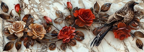 Triptych wall art displaying a cascade of feathers and roses on a marble surface blending nature with elegance