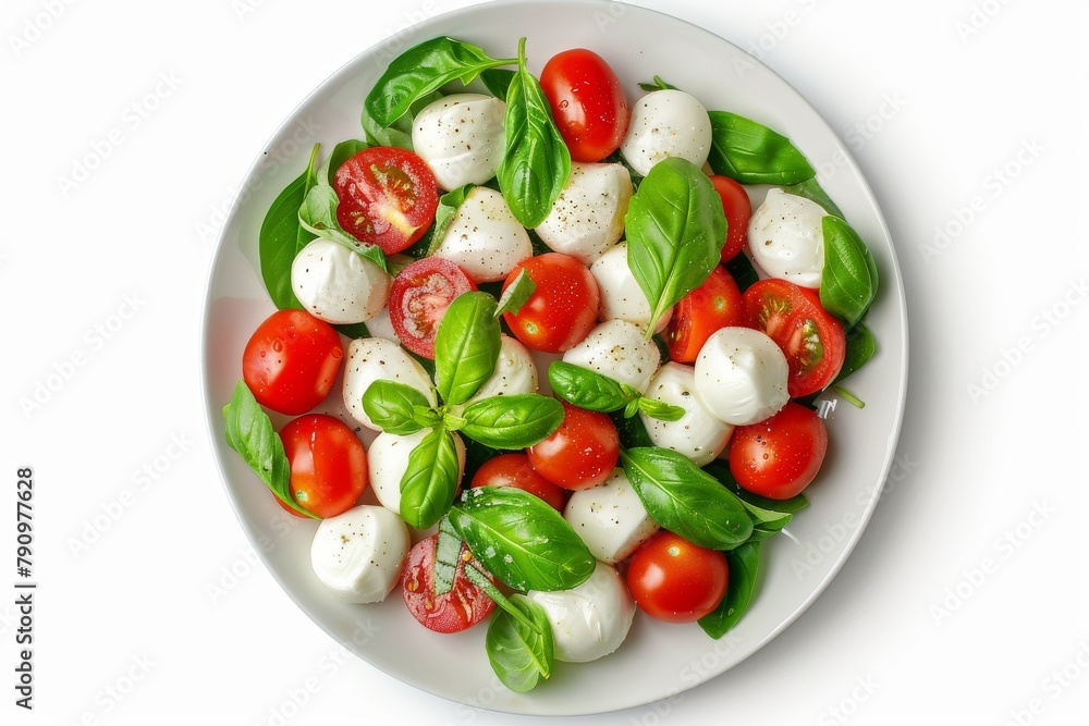 Plate of tasty Caprese salad with tomatoes, mozzarella balls, and basil isolated on white background, top view. Plate of tasty Caprese salad with tomatoes, mozzarella balls, and basil isolated on white background, top view.