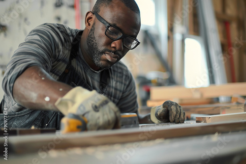 Carpenter works using manual and electric equipment. Man doing woodwork professionally. Manufacturer, maker construction. Hand of joiner working with a wooden plank, wood in his carpentry workshop