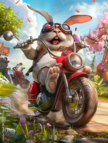 Energetic Easter Bunny Riding Motorcycle with Colorful Egg