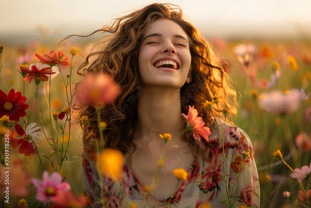 Naklejka premium A woman with curly hair is smiling in a field of flowers