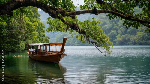 A traditional wooden fishing boat anchored in a serene bay, surrounded by lush greenery.