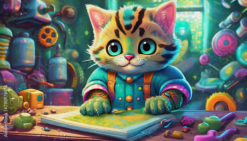 oil painting style cartoon character BABY CAT studying a manual at workbench