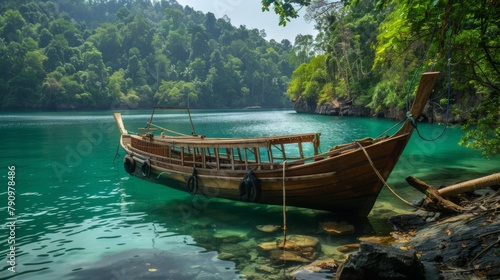 A traditional wooden fishing boat anchored in a serene bay, surrounded by lush greenery. © Plaifah