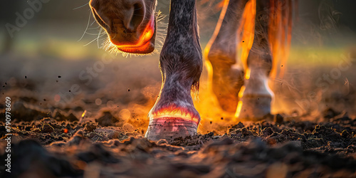 Equine Laminitis: The Hoof Pain and Reluctance to Bear Weight - Imagine a horse with highlighted hooves showing inflammation, experiencing hoof pain and reluctance to bear weight photo