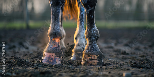 Equine Laminitis: The Hoof Pain and Reluctance to Bear Weight - Imagine a horse with highlighted hooves showing inflammation, experiencing hoof pain and reluctance to bear weight photo