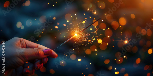 Woman with manicure holds in hand burning fire sparkle. Celebrating new year, christmas or anniversary. Close-up hand holding burning firework at night. Holiday travel celebration event
