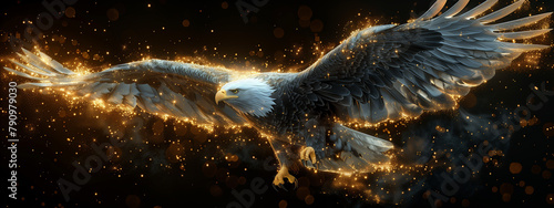 Fractal eagle in cosmic flight: an ethereal creature soars through a celestial expanse, its vibrant fractal wings illuminating the universe with breathtaking beauty.