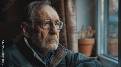 Elderly man with a thoughtful expression looking out of a rain-streaked window.