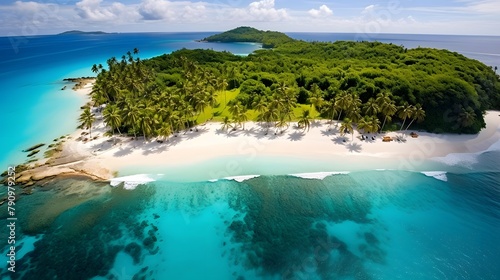 Aerial panoramic view of a beautiful tropical island with turquoise water.