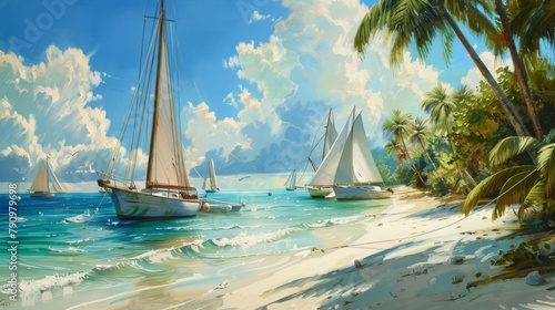 A tranquil beach scene with palm-fringed shores and a row of anchored sailboats, inviting viewers to escape to paradise.