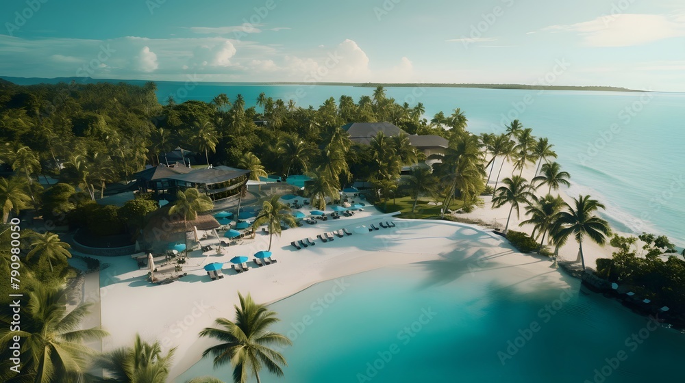 Aerial view of beautiful tropical island with palm trees and swimming pool