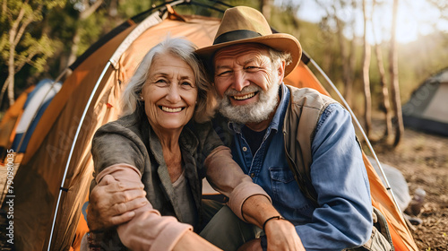 Smiling senior couple, happy old man and woman, husband and wife camping in the forest wilderness, sitting together outside the camping tent in summer sunshine. Pensioner retirement recreation