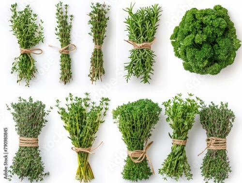 Set of fresh thyme bundles, aromatic and green photo