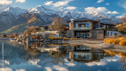 A tranquil lakeside retreat framed by snow-capped mountains, offering a peaceful escape for nature lovers and outdoor enthusiasts.