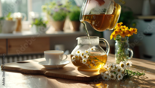 Female hand pouring natural chamomile tea from teapot into cup on table in kitchen © Oleksiy