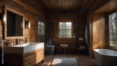 A Wooden Bathroom Cabin In Forest, Cinematic Light photo