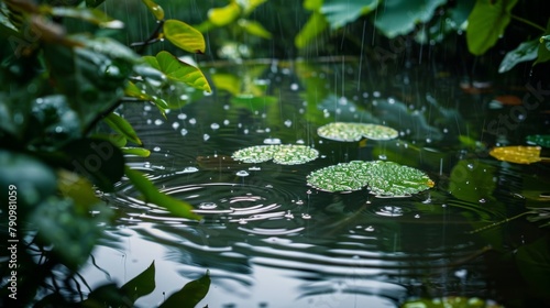 A tranquil pond surrounded by rain-dappled leaves  reflecting the serene beauty of nature in the rain.