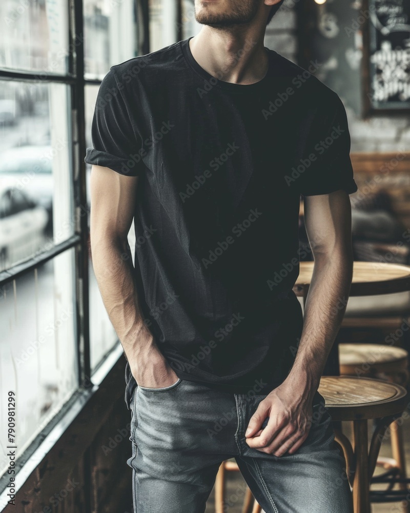 Young Caucasian Adult in Blank Black T Shirt Young Caucasian Adult in Blank Black T Shirt