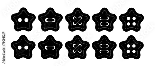 Set of black star buttons. Button with two and four holes. Sewn buttons. Sewing decor, elements.eps