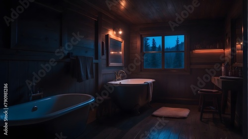 A Wooden Bathroom Cabin In Forest  Cinematic Light