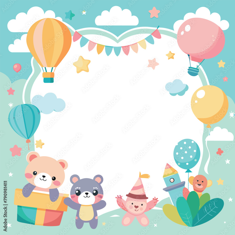 A children's birthday party frame with balloons, cupcakes, and other party decorations. Scene is festive and joyful A children's birthday party frame with balloons, cupcakes, and other party decorations. Scene is festive and joyful