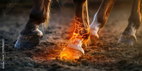 Equine Navicular Disease: The Heel Pain and Lameness - Picture a horse with highlighted hoof showing bone degeneration, experiencing heel pain and lameness, photo