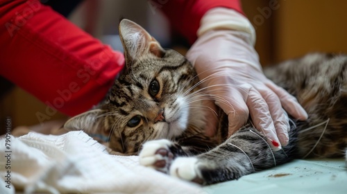 A vet tech bandaging the paw of an injured cat, showcasing skilled and compassionate care for furry patients. photo