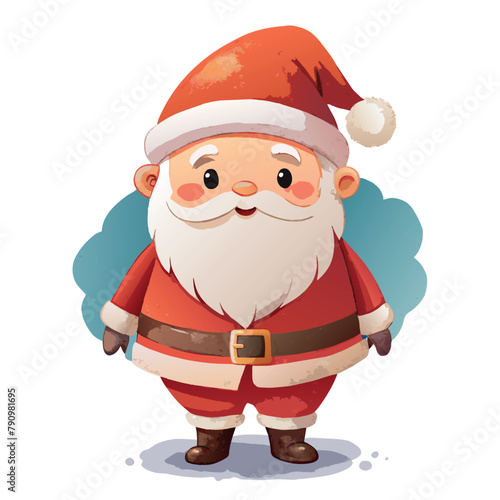 Christmas cartoonish santa standing in a red suit with a red hat and a white background. He is smiling and he is happy