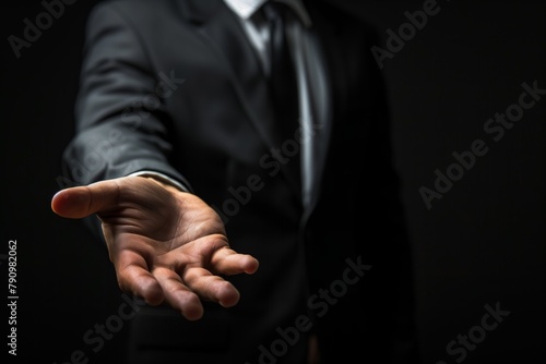 Businessman holding out his hand on black background