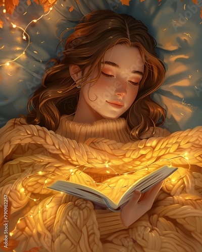 Cozy Comfort An illustration of a longhaired woman wrapped in a warm blanket, lying on a cozy bed, with a book resting on her chest 8K , high-resolution, ultra HD,up32K HD photo