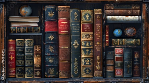 Elegant antique library shelf with ornate golden and bronze book spines in an classical setting