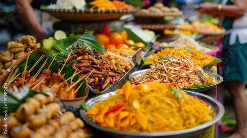 A vibrant spread of Thai street food delicacies, from pad Thai to mango sticky rice, showcasing the rich flavors of Thai cuisine.