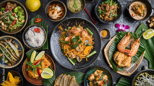 A vibrant spread of Thai street food delicacies  from pad Thai to mango sticky rice  showcasing the rich flavors of Thai cuisine.