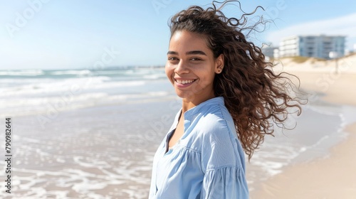 Portrait of young woman at sea looking at camera. Smiling latin hispanic girl standing at the beach with copy space and looking at camera. Happy mixed race girl in casual outfit with wind in her hair.