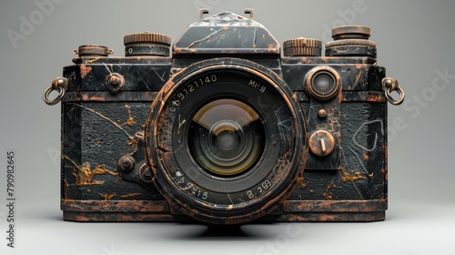 Vintage camera with a stunning marbled bronze lens design on a dark background