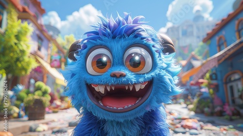 Cheerful blue cartoon monster smiling in a colorful town setting