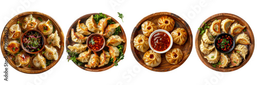 Set of Dumpling momos with sauce on transparent background
