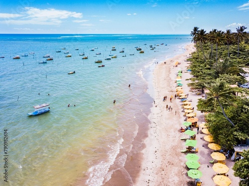 São Miguel dos Milagres, Alagoas. Aerial view of paradisiacal beach with coconut trees and boats