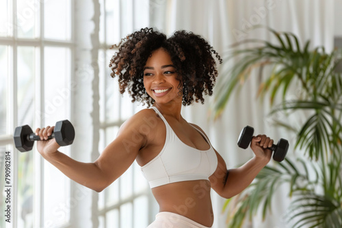 Young African American woman working out at home training using dumbbells. Workout the morning for benefits. Pretty fit adult slim girl exercising with her weights. Sport, fitness, healthy lifestyle.