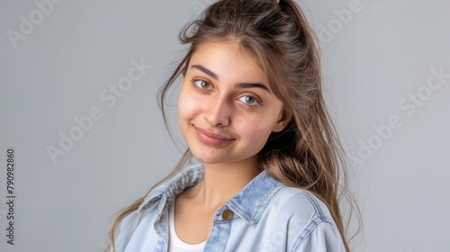 Pretty confident Pakistan female with fair hair, dressed casually, looking with satisfaction at camera, being happy. Studio shot of good-looking beautiful woman isolated against blank studio wall. © JovialFox