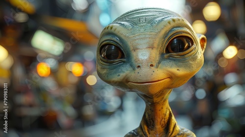 Close-up of a friendly extraterrestrial face with big eyes in an urban setting