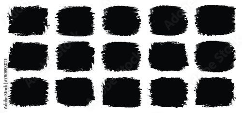 Brush stroke, ink paint brush, grunge lines. Black square shapes with ripped jagged borders on white background. Vintage grunge boxes for collage, text, banner, sticker design.