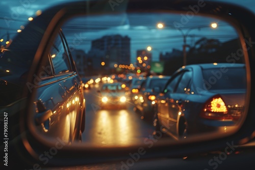 Evening traffic jam with cars queueing, headlights reflecting in rearview mirror