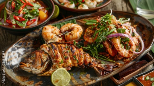 A vibrant Thai seafood platter featuring grilled prawns, steamed fish with lime and chili, and spicy seafood salad, a coastal delicacy.