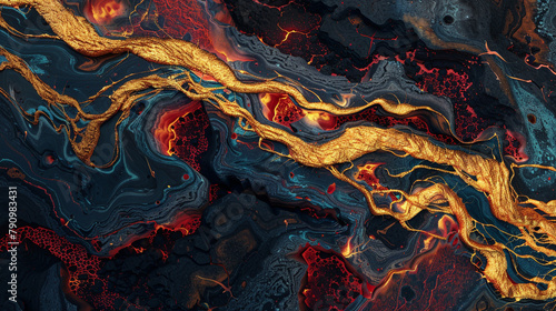 A close-up view of an imaginary planet's surface, where rivers of lava (gold and red) flow across a dark basaltic landscape (black and blue),  photo