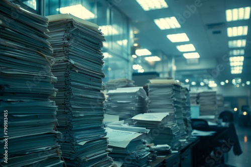 Piles of paper office filled with paperwork full archive file documents stack of folders information outdated old technology digitalization reports unorganized history messy research collection