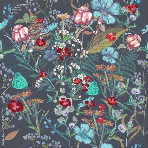 Fashion province vector hand drawn pattern with flowers and herbs